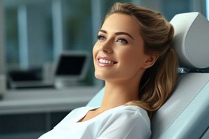 Smiling young woman in dental treatment chair