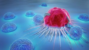 Blue and red illustration of cancer cell and lymphocytes