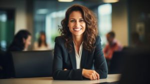 Smiling woman in business attire with beautiful teeth