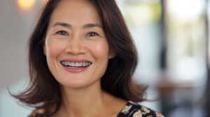 Smiling middle-aged woman with braces on her teeth